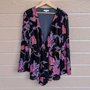 LA Hearts Black & Pink/Purple Floral Burnout Velvet Long Sleeve Romper Sz S